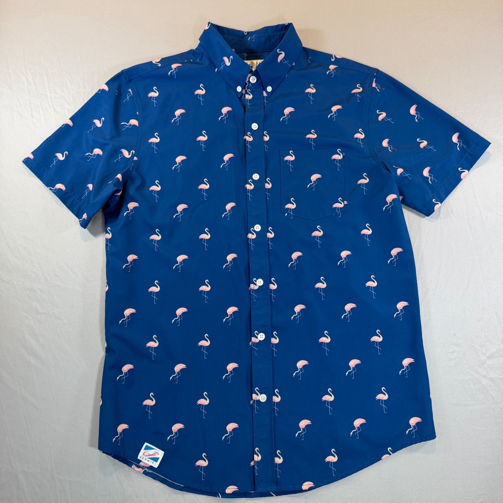 Bermies‎ Mens Flamingo Short Sleeve Button Down Shirt Blue Medium Beachy Resort